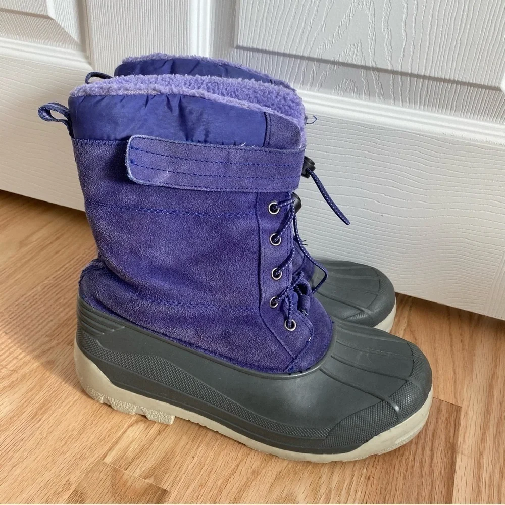 Lands End Purple Leather Snow Boots Sz 6 Girls Youth Winter Rain Faux Fur Lined